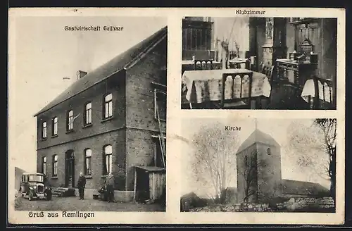 AK Remlingen, Gasthaus Gelhaar mit Besitzer und Klubzimmer, Kirche
