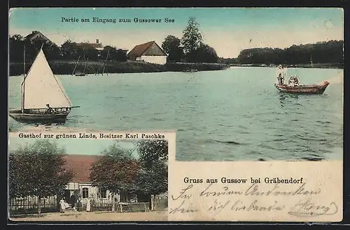 AK Gussow bei Gräbendorf, Gasthof zur grünen Linde K. Paschke, Eingang zum Gussower See