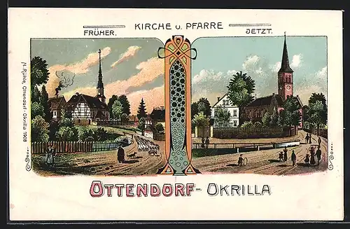Künstler-AK Ottendorf-Okrilla, Kirche und Pfarre früher und jetzt, Schäfer mit Schafen