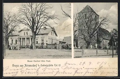 AK Ahrensdorf bei Ludwigsfelde, Neuer Gasthof Otto Paul, Kirche