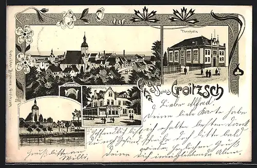Lithographie Groitzsch, Teilansicht, Turnhalle, Ortspartie mit Kirche