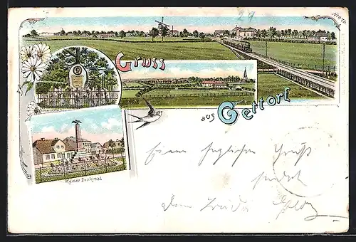 Lithographie Gettorf, Kaiserdenkmal, Bismarckdenkmal, Panorama mit Eisenbahn und Windmühle