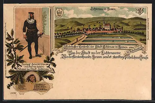 Lithographie Hessisch Lichtenau, Teilansicht ums 16. Jahrhundert, Landgraf Heinrich I.