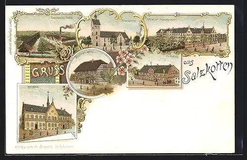 Lithographie Salzkotten, Gradirwerk und Saline, Franziskanessen-Kloster, Rectorat-Schule