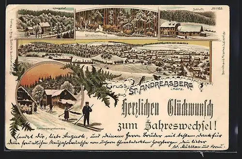 Winter-Lithographie St. Andreasberg /Harz, Schluft, Rehbergergrabenhaus mit Skiläufern, Königshof