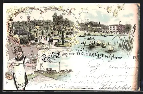 Lithographie Herne, Gaststätte Waldeslust mit Park und Bootspartie, Zeche Constantin, Blumenmädchen