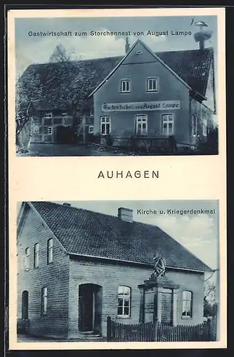 AK Auhagen, Gasthaus zum Storchennest, Inh. August Lampe, Kirche und Kriegerdenkmal