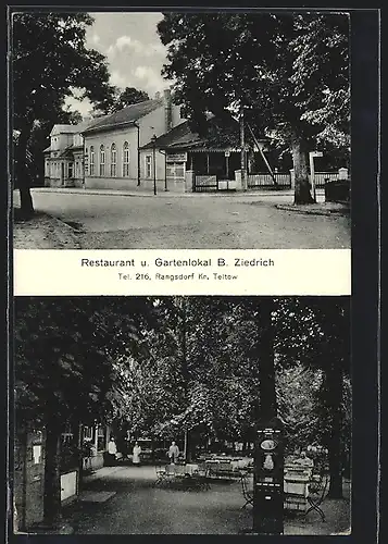 AK Rangsdorf bei Teltow, Restaurant-Gartenlokal B. Ziedrich mit Strasse und Garten