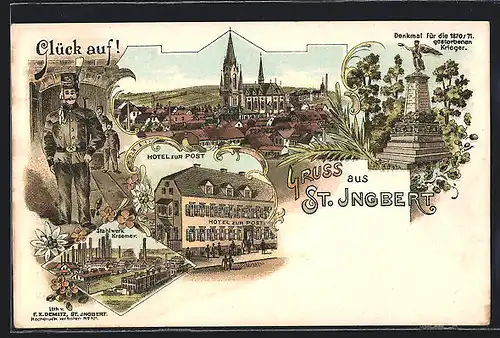 Lithographie St. Ingbert, Hotel zur Post, Stahlwerk Kraemer