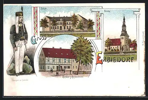 Lithographie Erbisdorf, Richter`s Restaurant, Schule, Steiger in Parade