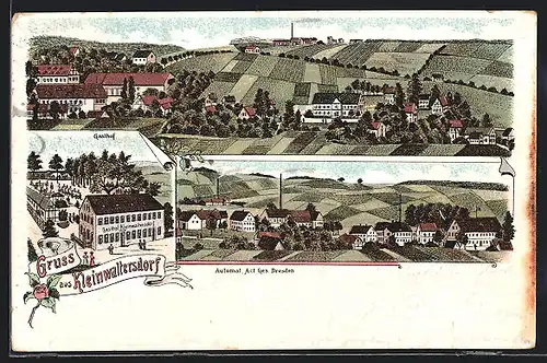 Lithographie Kleinwaltersdorf, Gasthof, Teilansichten des Ortes