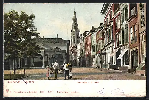 AK Middelburg, Westzijde v.d. Dam, Strassenpartie mit Blick zur Kirche