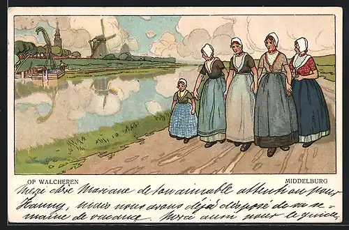 Lithographie Middelburg, Op Walcheren, Frauen in niederländischer Tracht, Kanal, Windmühle