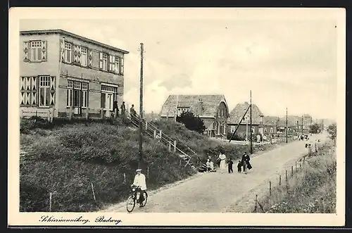 AK Schiermonnikoog, Badweg, Radfahrer und Wohnhäuser