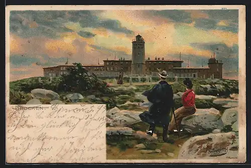 Lithographie Brocken, Wanderer-Paar vor Gebäude und Aussichtsturm