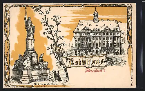 Künstler-AK sign. B. Schuh: Dresden, Ansicht vom Rathaus, Siegesdenkmal