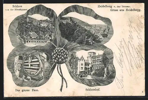 Blumengruss-AK Heidelberg, von der Terrasse, das grosse Fass, Schlosshof, Kleeblatt