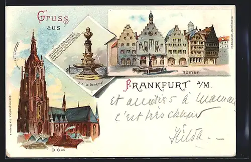 Lithographie Alt-Frankfurt, Dom, Römer, Stoltze-Denkmal