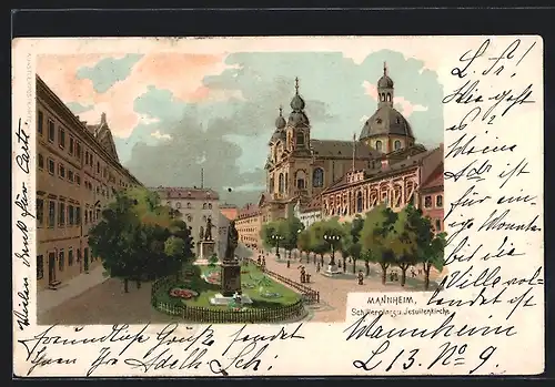 Lithographie Mannheim, Schillerplatz und Jesuitenkirche