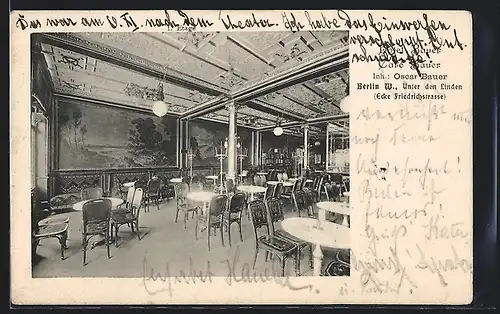 AK Berlin, Hotel & Café Bauer, Unter den Linden Ecke Friedrichstrasse