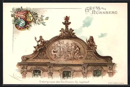 Lithographie Nürnberg, Giebelgruppe des Kaufhauses Gg. Leykauf, Wappen