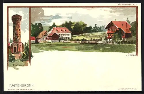 Lithographie Kaltenbronn, Ortsansicht und Hohlohturm