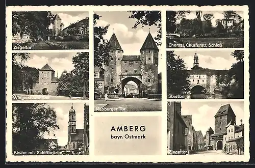 AK Amberg, Nabburger Tor, Kirche mit Schiffbrücke und Stadtbrille