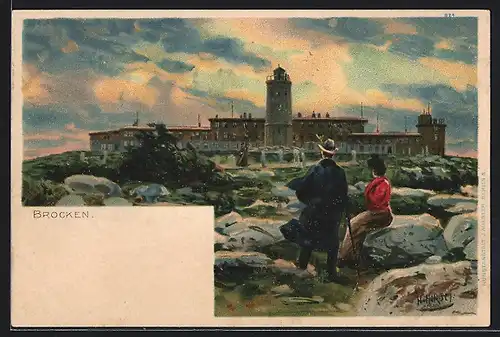 Lithographie Brocken, Wanderer-Paar vor Gebäude und Aussichtsturm