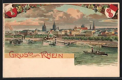 Lithographie Mainz, Stadtansicht, Dampfer auf Rundfahrt, Stadtwappen