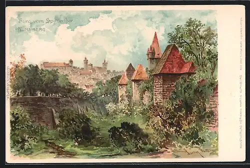 Lithographie Nürnberg, Burg vom Spittlerthor aus