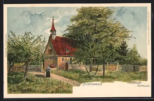 Lithographie Nürtingen, Partie an der Friedhof Capelle