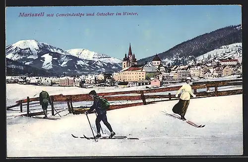 AK Mariazell, Ortsansicht mit Gemeindealpe und Oetscher im Winter