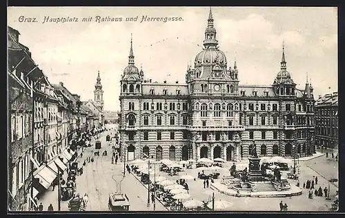 AK Graz, Hauptplatz mit Rathaus und Herrengasse