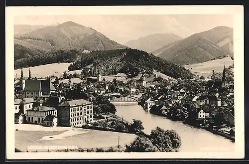 AK Leoben, Ortsansicht und Flusspartie mit Brücke aus der Vogelschau