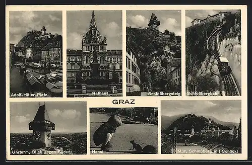 AK Graz, Platz, Rathaus, Schlossbergsteig, Schlossbergbahn, Uhrturm und Hansi