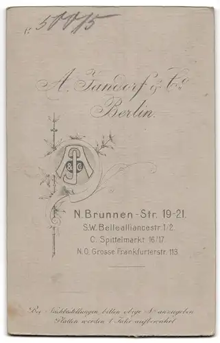 Fotografie A. Jandorf & Co., Berlin-N, Brunnen-Strasse 19-21, Portrait bürgerliche Dame mit Blumen an Stuhl gelehnt