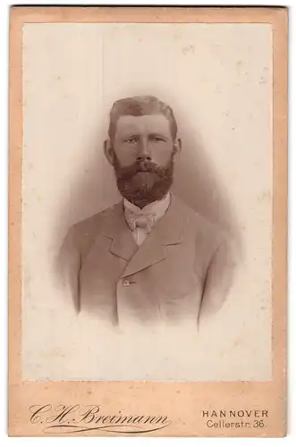 Fotografie C. H. Breimann, Hannover, Cellerstrasse 36, Portrait stattlicher Herr mit Fliege und Vollbart