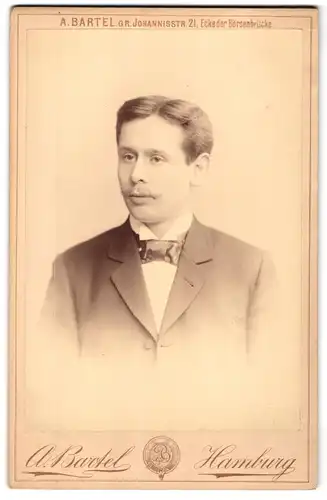 Fotografie A. Bartel, Hamburg, Gr. Johannisstrasse 21, Portrait junger Herr im Anzug mit Fliege