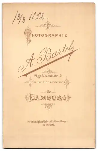 Fotografie A. Bartel, Hamburg, Gr. Johannisstrasse 21, Portrait junger Herr im Anzug mit Fliege