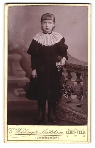 Fotografie Carl Weishaupt, Elberfeld, Herzog Strasse 4, Portrait kleines Mädchen im hübschen Kleid mit Blumen