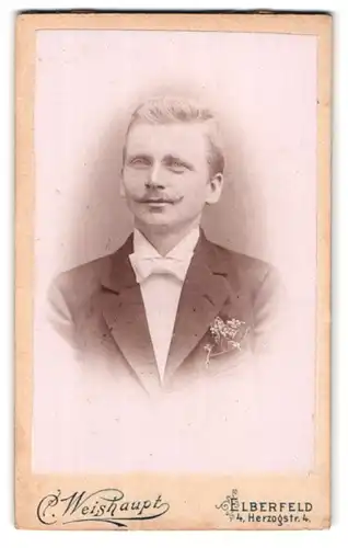 Fotografie Carl Weishaupt, Elberfeld, Herzog Strasse 4, Portrait eleganter Herr mit Fliege und Schnurrbart