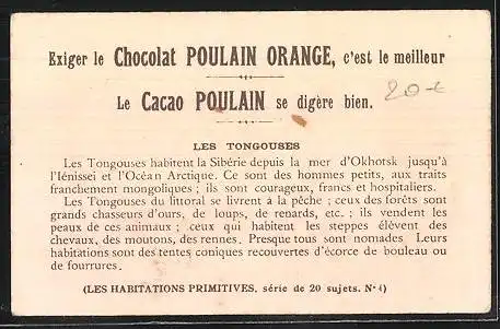 Sammelbild Chocolat Poulain Orange, Les Habitations primitives, Asien, Mongolai