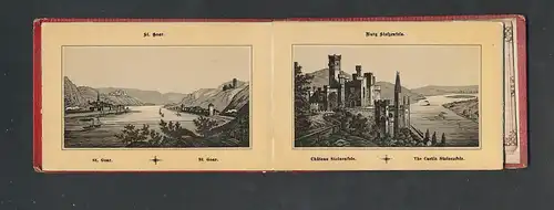 Leporello-Album Rhein, Lithographien von Mainz, Burg Sonneck, Oberwesel, Landkarte des Rheintals zwischen Mainz und Köln