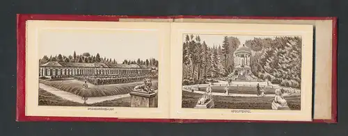 Leporello-Album Schwetzingen, Lithographie-Ansichten von Apollotempel, Orangeriegebäude, Tempel der Waldbotanik, etc.