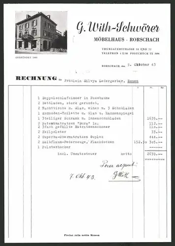 Rechnung Rorschach 1943, Möbelhaus G. With-Schwörer, Verkaufshaus