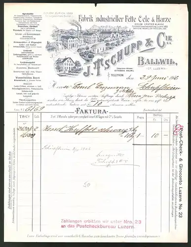 Rechnung Ballwil 1906, Fabrik industrieller Fette, Öle, Harze J. Tschupp & Cie., Fabrikgelände