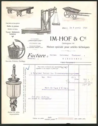 Rechnung Bâle 1915, Maison spéciale pour articles téchniques Im-Hof & Cie., Bascules, Échelles, Outillage, Isolations