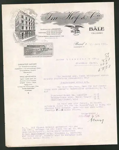 Rechnung Basel 1923, Import Industrieschmierstoffe, Gummimaterialien Im-Hof & Cie., Verkaufshaus, Maschinenhalle