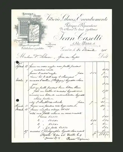 Rechnung Geneve 1916, Vitrerie, Glaces, Encadrements Jean Casetti, Spiegelkasten