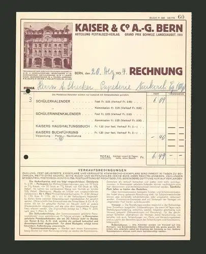 Rechnung Bern 1934, Schreibwaren Kaiser & Co. AG Pestalozzi Verlag, Teilansicht d. Geschäftshäuser